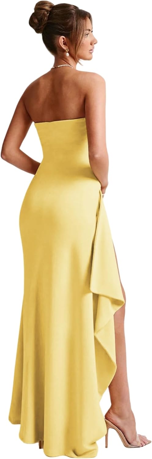 Women's Sexy Strapless Backless High Split Long Maxi Dress Ruched Off Shoulder Sleeveless Bodycon Party Cocktail Dresses