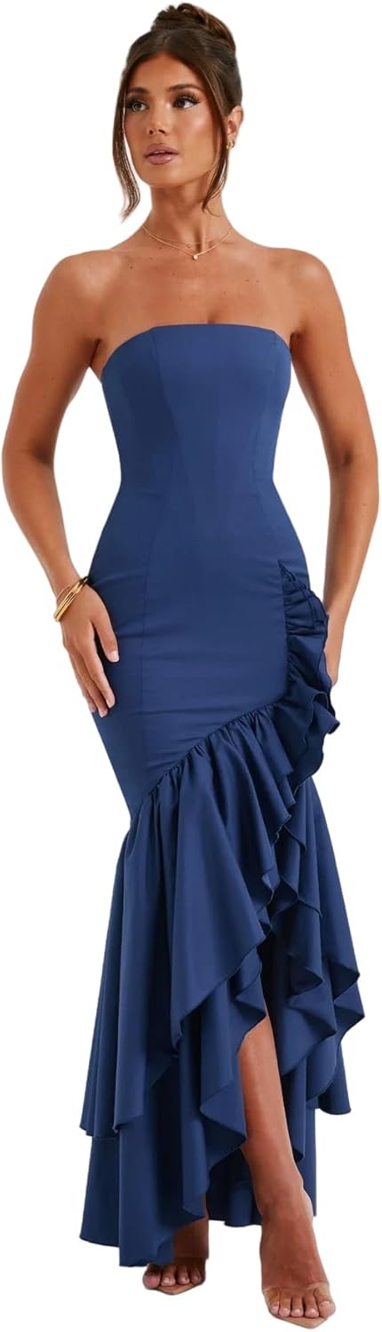 Women's Sexy Strapless Backless High Split Long Maxi Dress Ruched Off Shoulder Sleeveless Bodycon Party Cocktail Dresses
