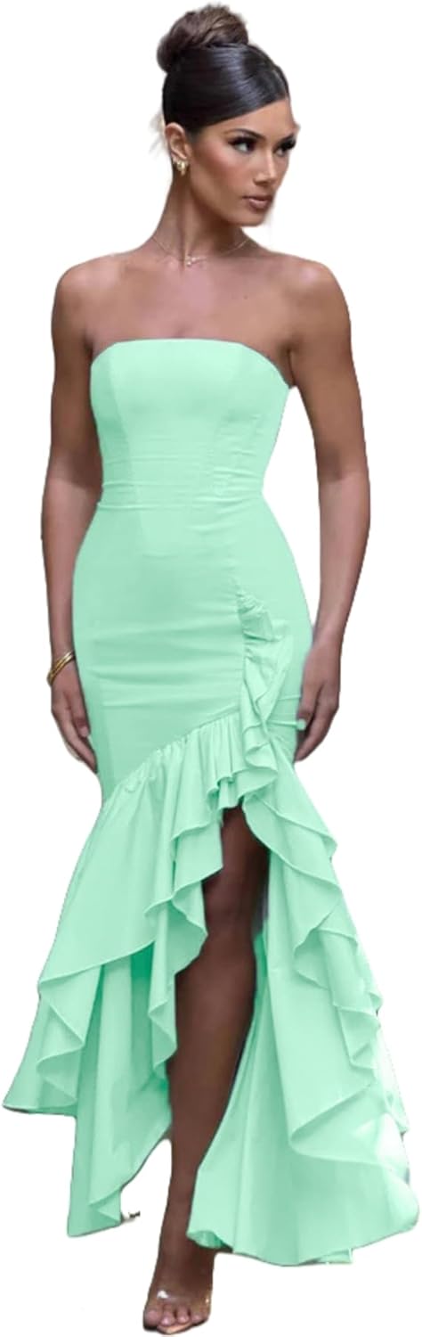 Women's Sexy Strapless Backless High Split Long Maxi Dress Ruched Off Shoulder Sleeveless Bodycon Party Cocktail Dresses
