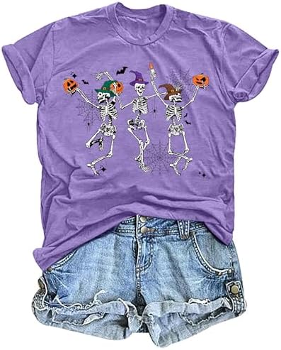Dancing Skeleton Shirt for Women Happy Halloween T-Shirt Funny Skeleton Graphic Tees Tops Blouse Gift