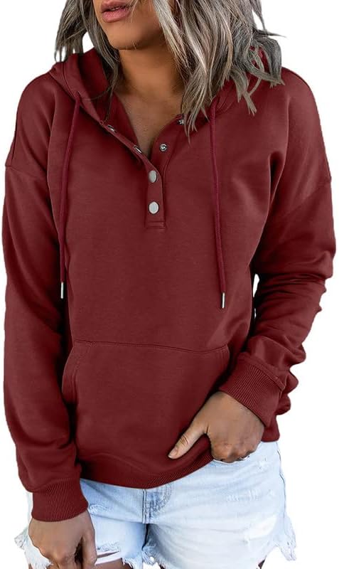 Womens 2025 Hoodies Button Collar Drawstring Hooded Pullover Sweatshirt Casual Long Sleeve Tops Shirts