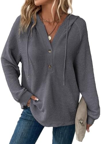 Hoodies for Women Waffle Knit Long Sleeve Drawstring Button V Neck Casual Pullover Sweatshirt Hooded Tops