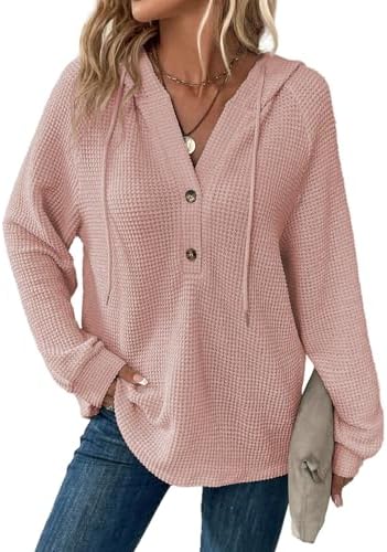 Hoodies for Women Waffle Knit Long Sleeve Drawstring Button V Neck Casual Pullover Sweatshirt Hooded Tops