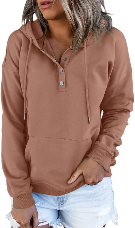 Womens 2025 Hoodies Button Collar Drawstring Hooded Pullover Sweatshirt Casual Long Sleeve Tops Shirts