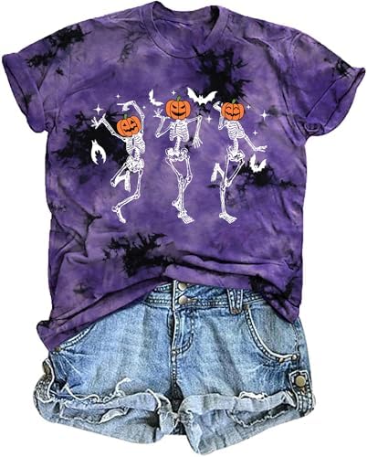 Dancing Skeleton Shirt for Women Happy Halloween T-Shirt Funny Skeleton Graphic Tees Tops Blouse Gift