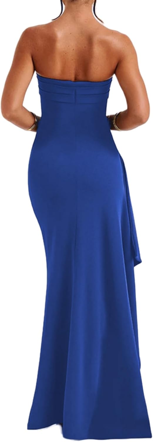 Women's Sexy Strapless Backless High Split Long Maxi Dress Ruched Off Shoulder Sleeveless Bodycon Party Cocktail Dresses