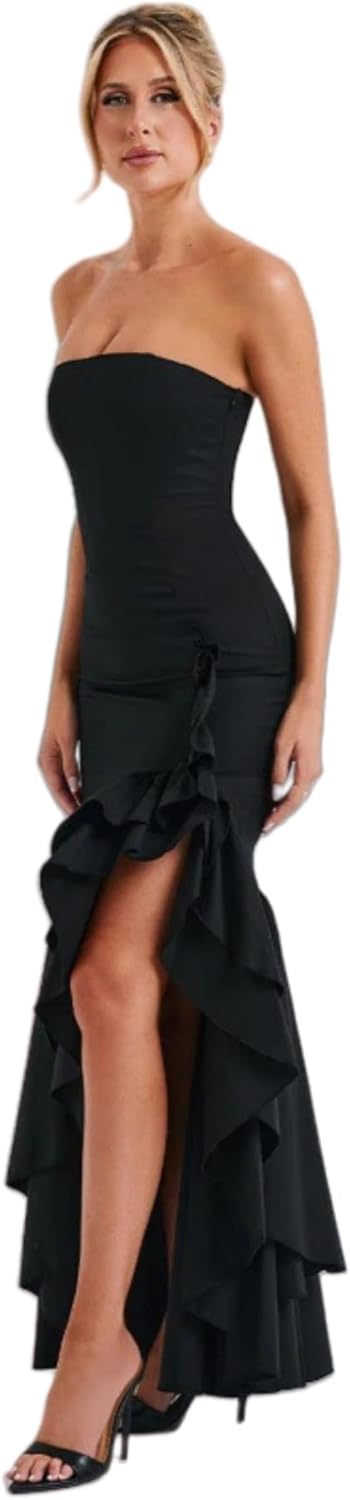 Women's Sexy Strapless Backless High Split Long Maxi Dress Ruched Off Shoulder Sleeveless Bodycon Party Cocktail Dresses