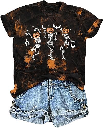 Dancing Skeleton Shirt for Women Happy Halloween T-Shirt Funny Skeleton Graphic Tees Tops Blouse Gift