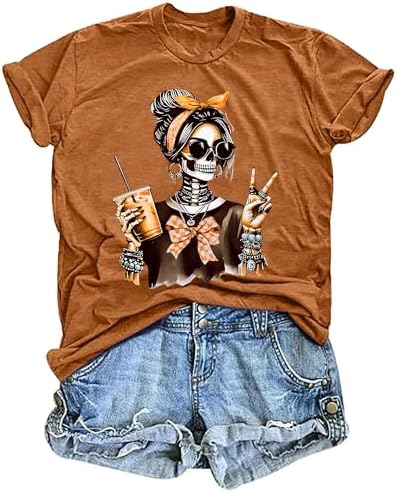 Dancing Skeleton Shirt for Women Happy Halloween T-Shirt Funny Skeleton Graphic Tees Tops Blouse Gift