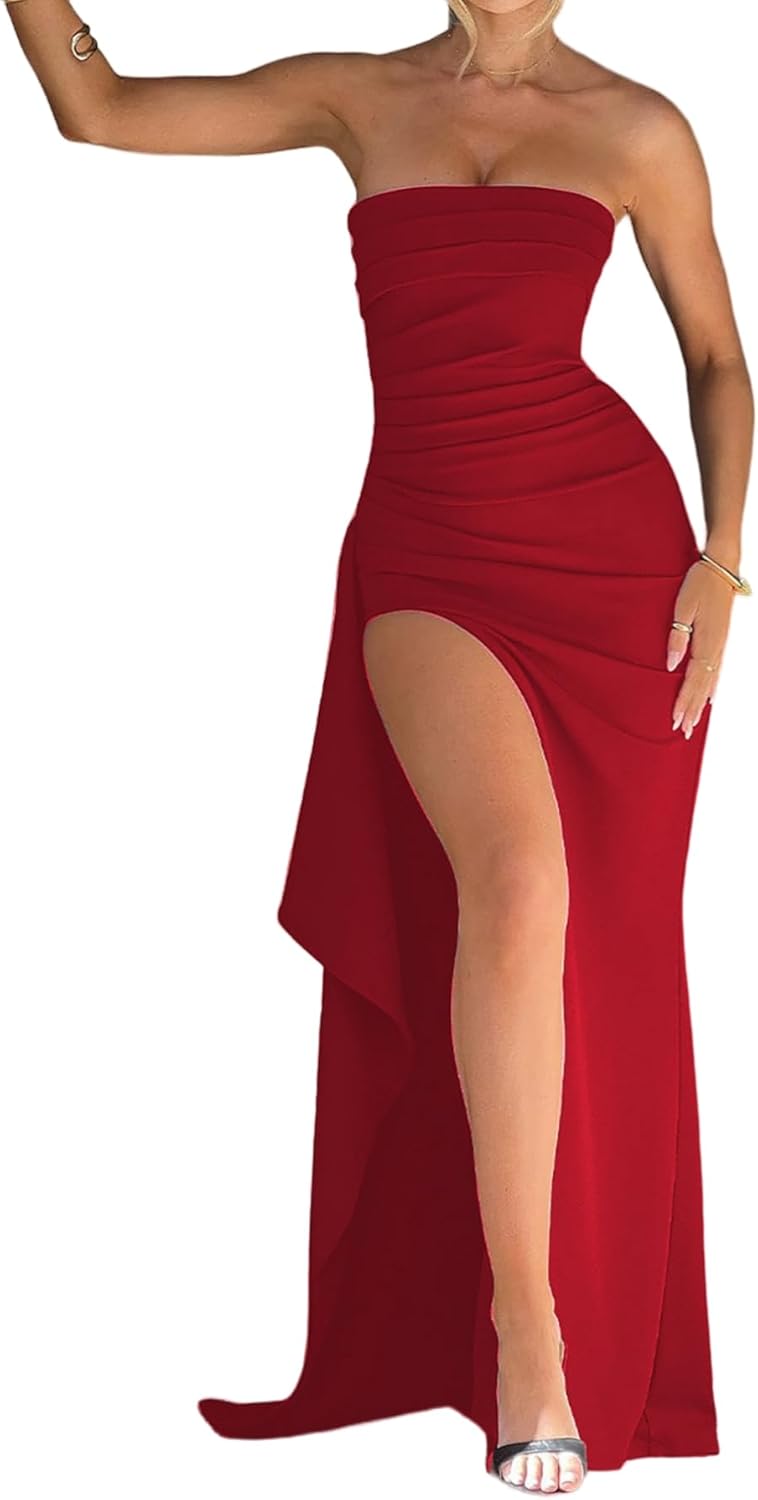 Women's Sexy Strapless Backless High Split Long Maxi Dress Ruched Off Shoulder Sleeveless Bodycon Party Cocktail Dresses