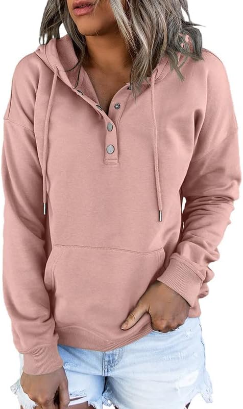 Womens 2025 Hoodies Button Collar Drawstring Hooded Pullover Sweatshirt Casual Long Sleeve Tops Shirts