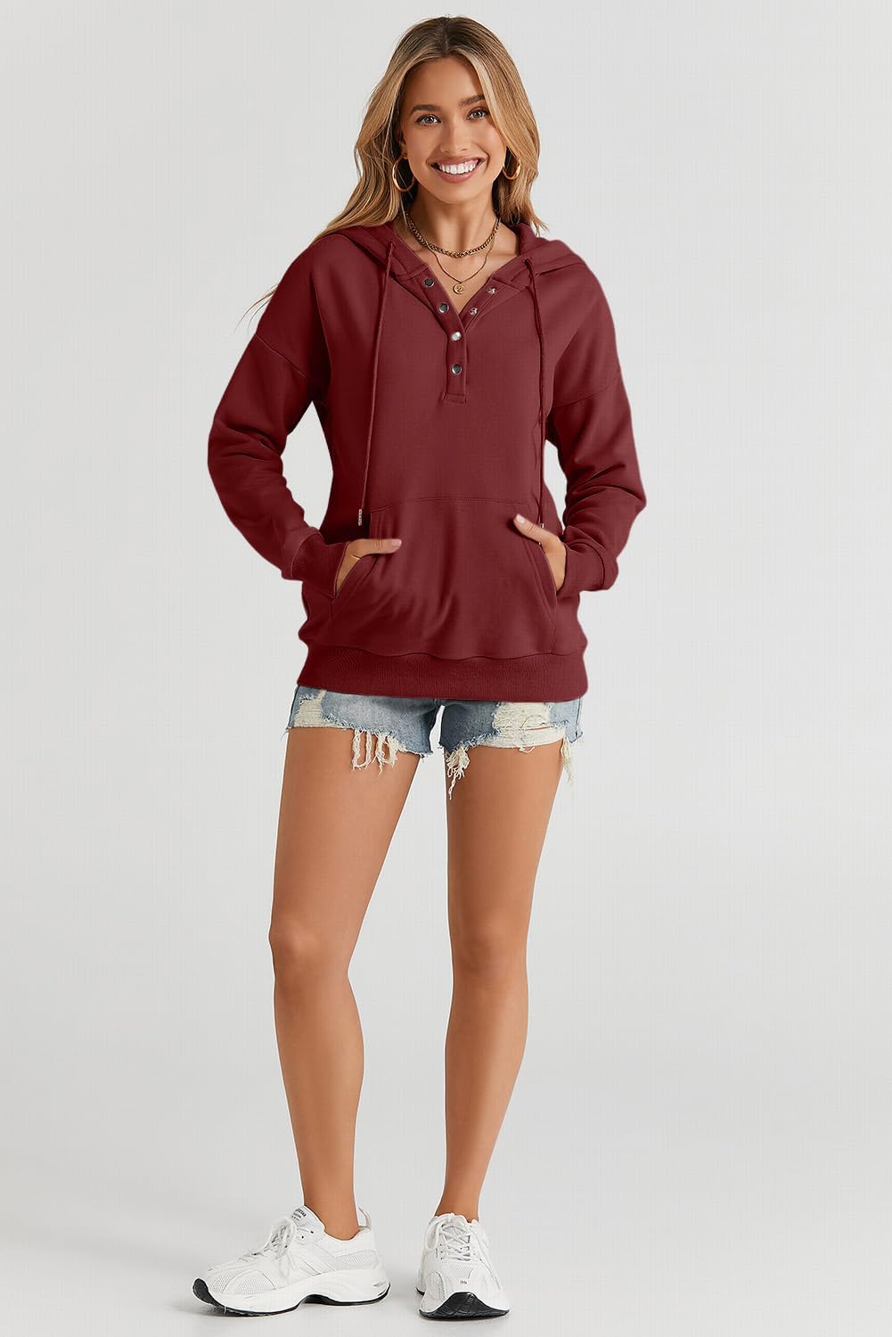 Womens 2025 Hoodies Button Collar Drawstring Hooded Pullover Sweatshirt Casual Long Sleeve Tops Shirts