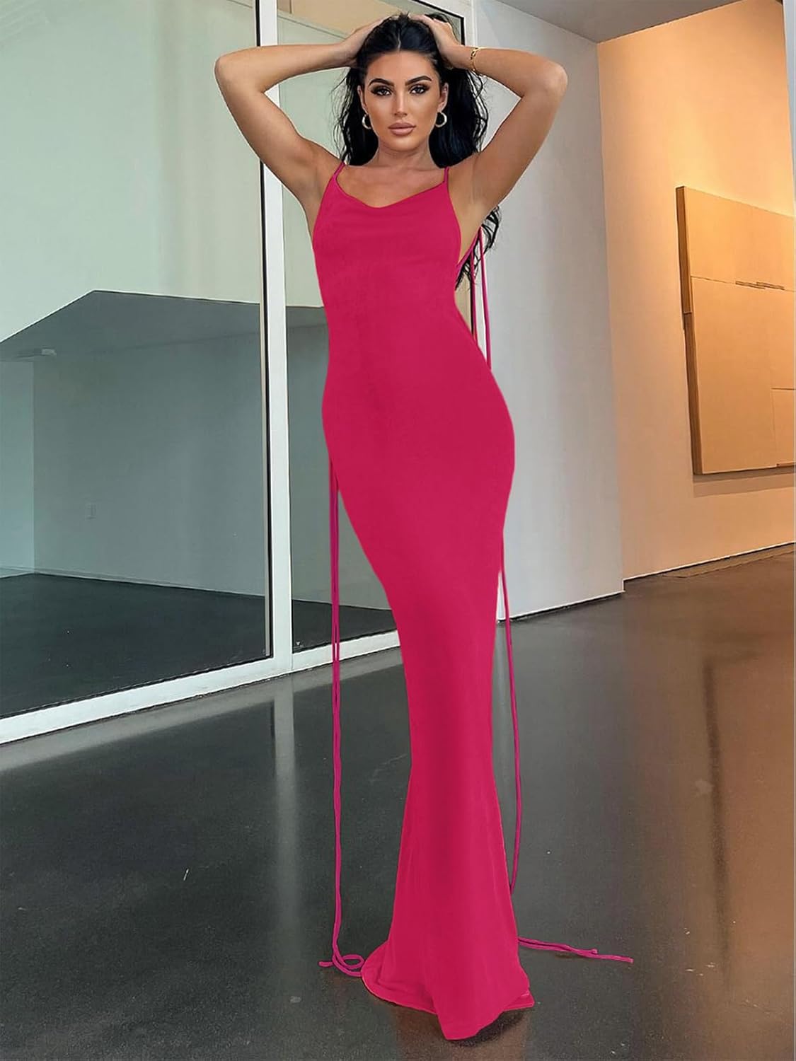 Slip Bodycon Dresses for Women Spaghetti Strap Lace Up Backless Cowl Neck Maxi Mermaid Cocktail Party Dress