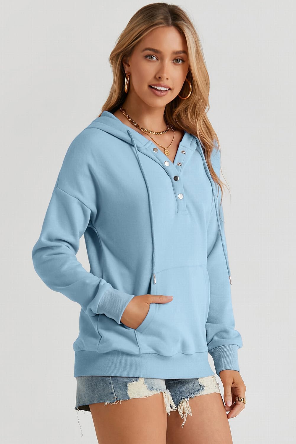 Womens 2025 Hoodies Button Collar Drawstring Hooded Pullover Sweatshirt Casual Long Sleeve Tops Shirts