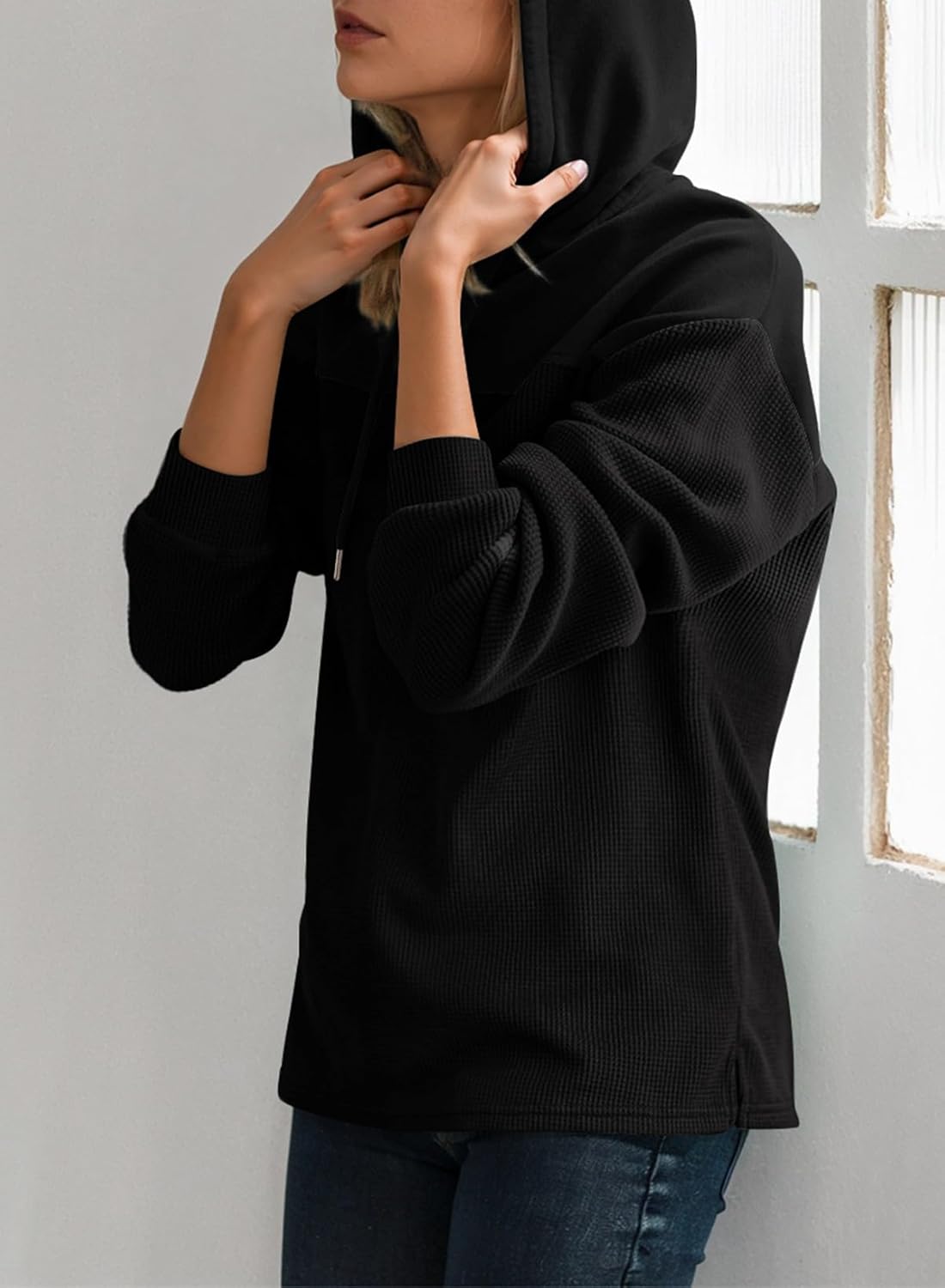 Womens Hoodies Casual Waffle Knit Long Sleeve Drawstring Pullover Sweatshirts Lightweight Hooded Tops