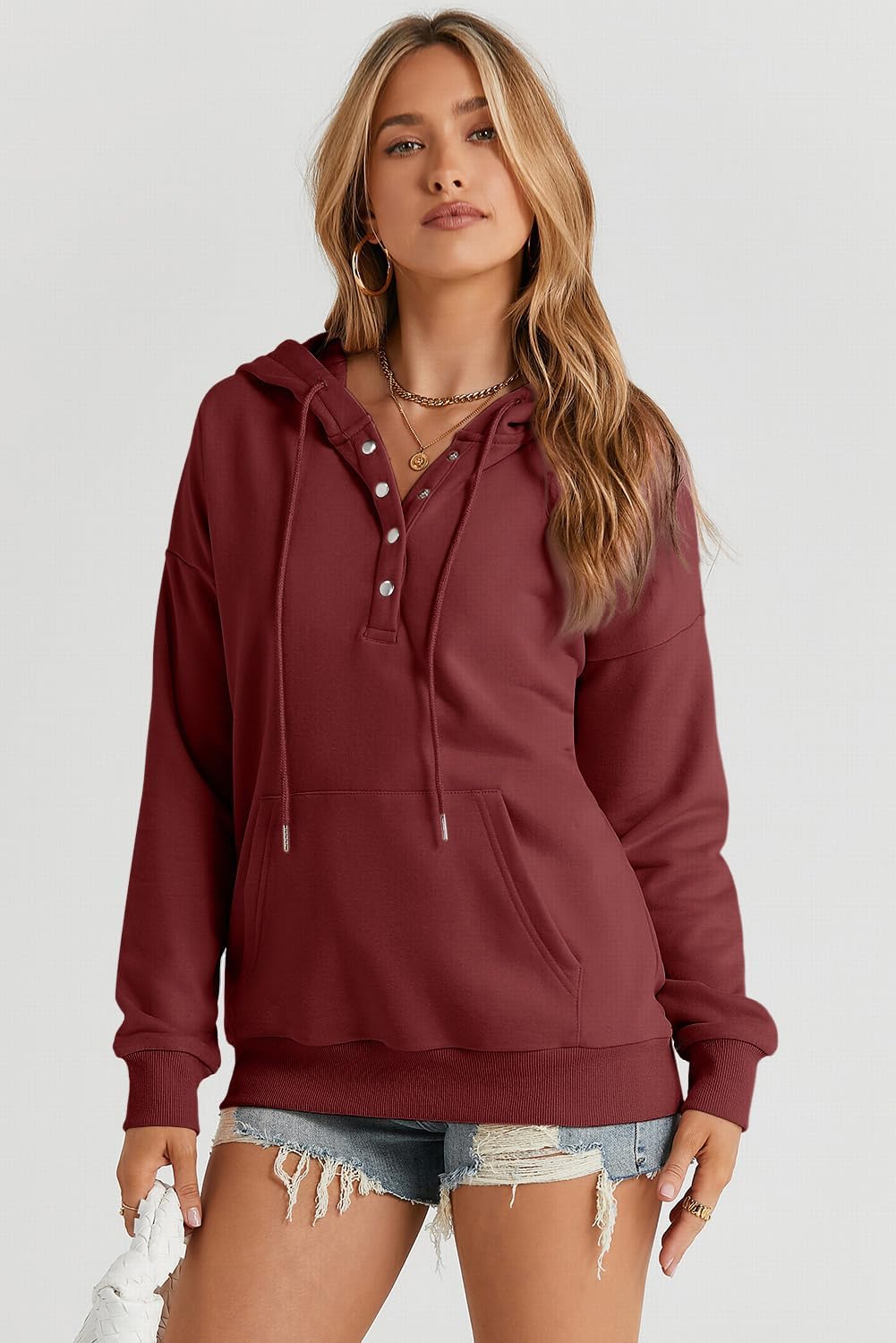 Womens 2025 Hoodies Button Collar Drawstring Hooded Pullover Sweatshirt Casual Long Sleeve Tops Shirts