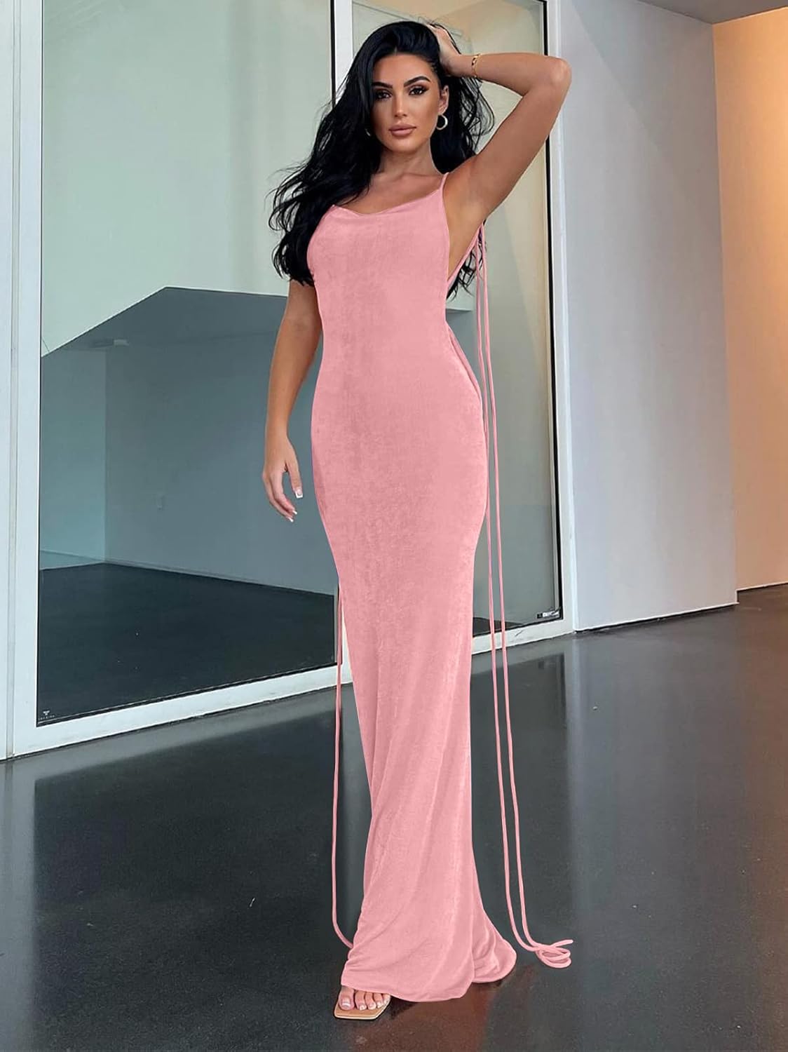 Slip Bodycon Dresses for Women Spaghetti Strap Lace Up Backless Cowl Neck Maxi Mermaid Cocktail Party Dress