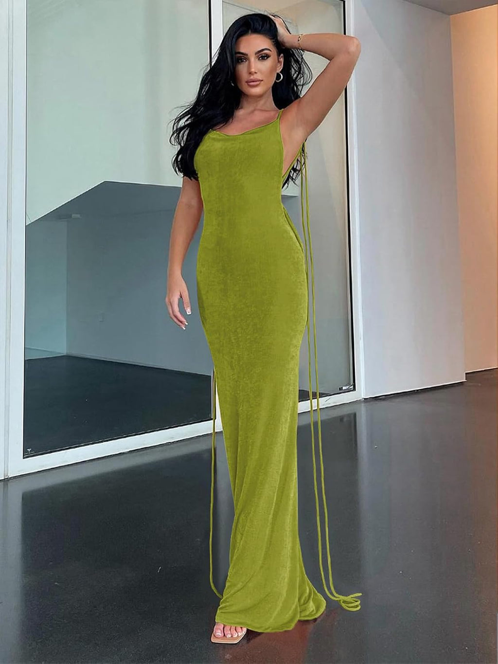 Slip Bodycon Dresses for Women Spaghetti Strap Lace Up Backless Cowl Neck Maxi Mermaid Cocktail Party Dress