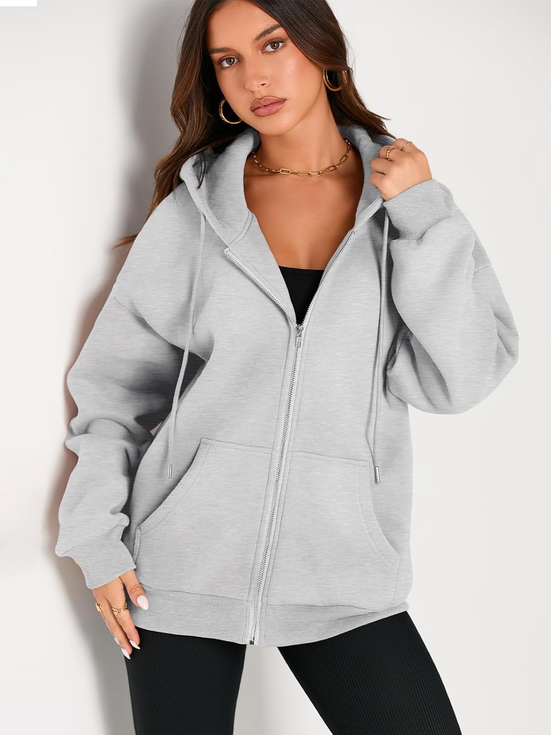 Women's Drawstring Zip Up Cute Hoodies Fall Jacket Oversized Casual Sweatshirts with Pocket
