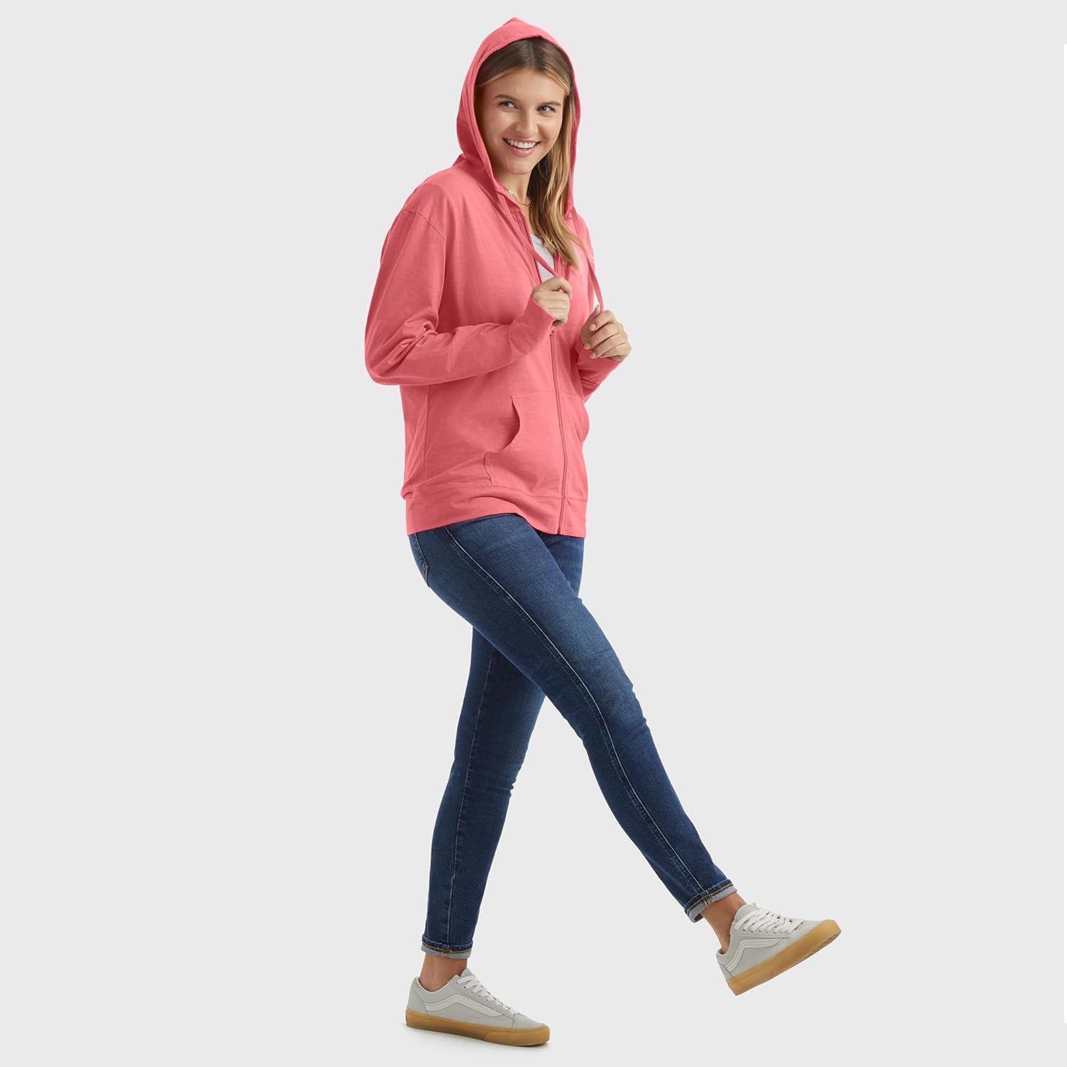 Women’s Slub Knit Full-Zip Hoodie, Textured Cotton Zip-Up T-Shirt Hoodie for Women