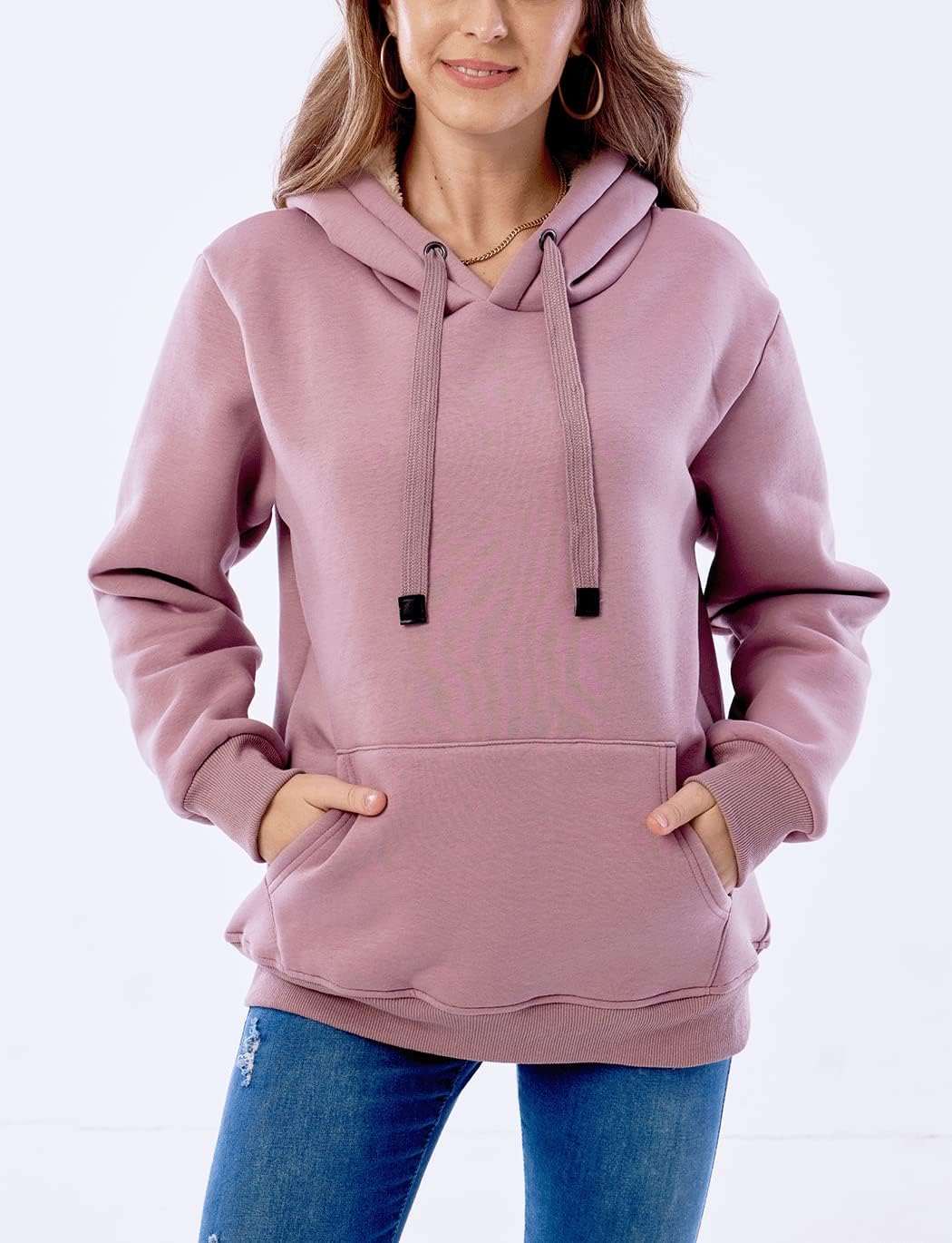 Womens Casual Winter Warm Fleece Sherpa Lined Pullover Hooded Sweatshirt