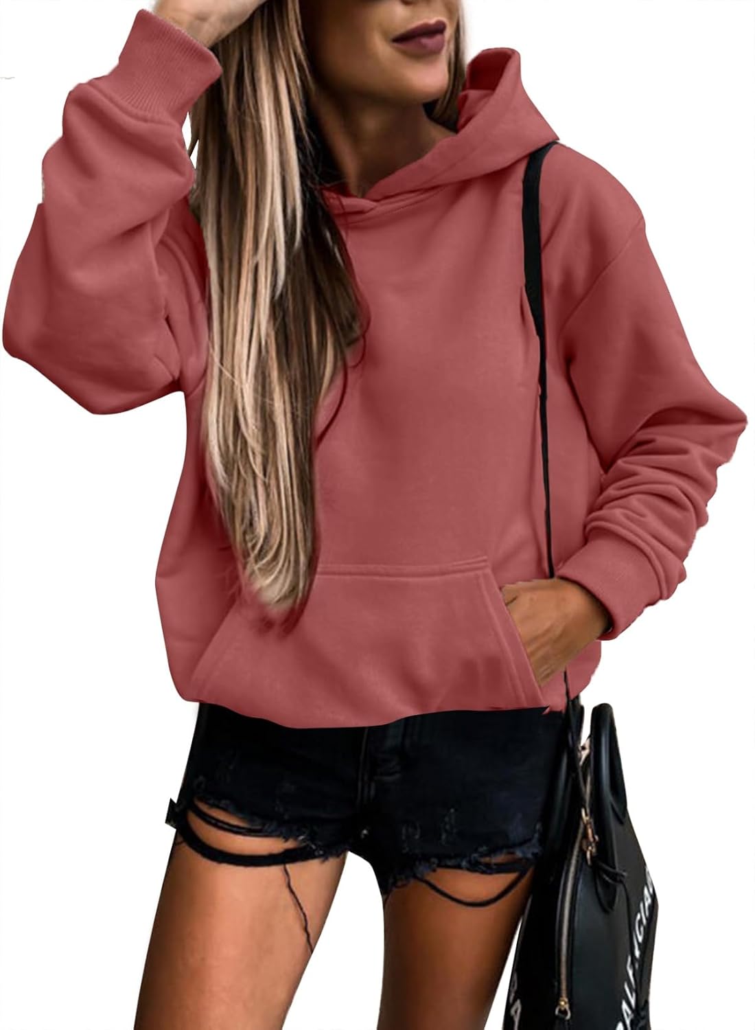 Women's Casual Hoodies Long Sleeve Solid Lightweight Pullover Tops Loose Sweatshirt with Pocket
