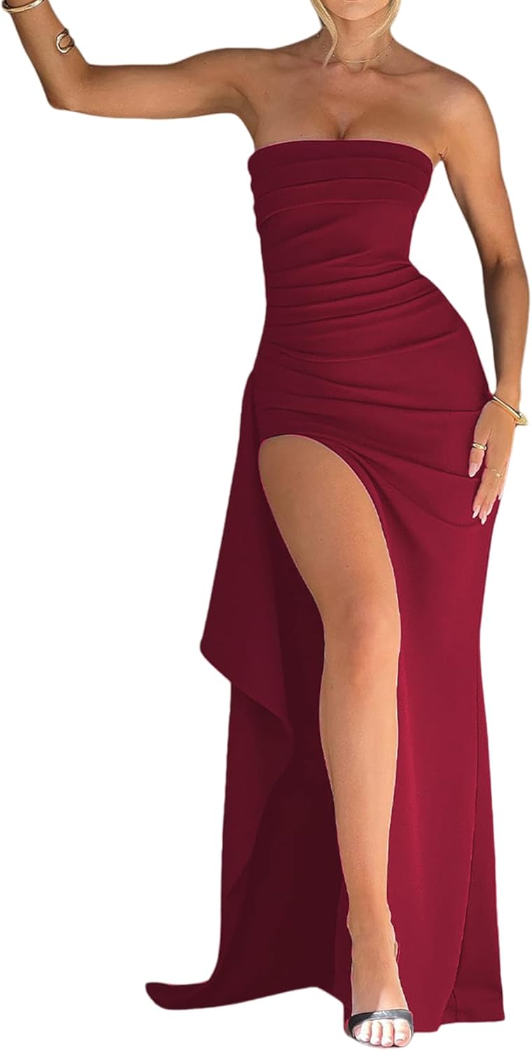 Women's Sexy Strapless Backless High Split Long Maxi Dress Ruched Off Shoulder Sleeveless Bodycon Party Cocktail Dresses