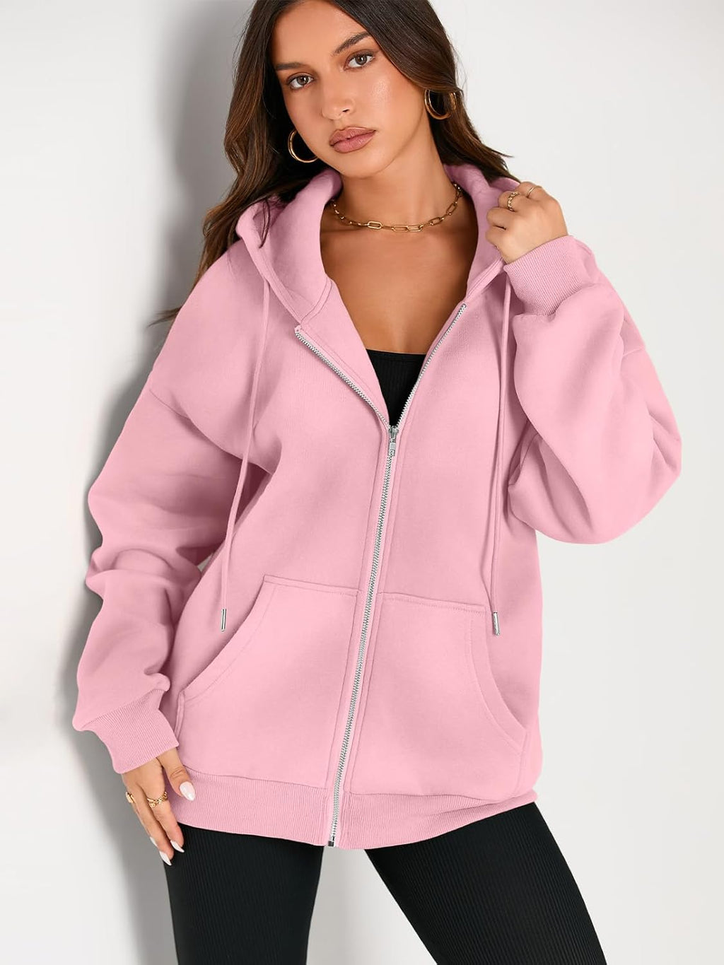Women's Drawstring Zip Up Cute Hoodies Fall Jacket Oversized Casual Sweatshirts with Pocket