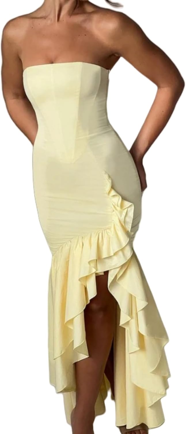 Women's Sexy Strapless Backless High Split Long Maxi Dress Ruched Off Shoulder Sleeveless Bodycon Party Cocktail Dresses