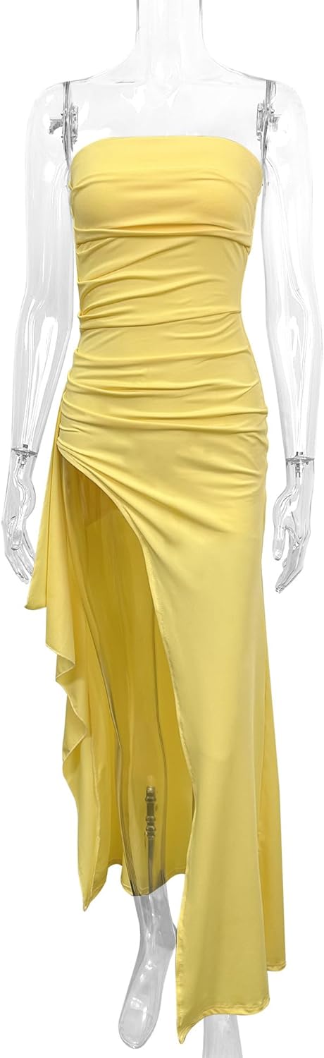 Women's Sexy Strapless Backless High Split Long Maxi Dress Ruched Off Shoulder Sleeveless Bodycon Party Cocktail Dresses