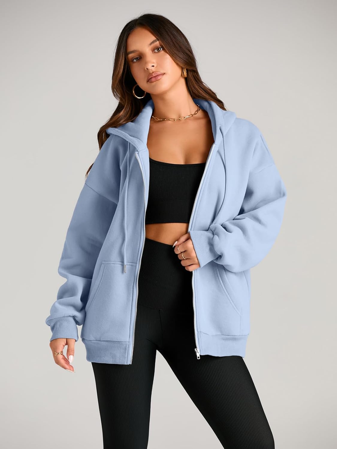 Women's Drawstring Zip Up Cute Hoodies Fall Jacket Oversized Casual Sweatshirts with Pocket