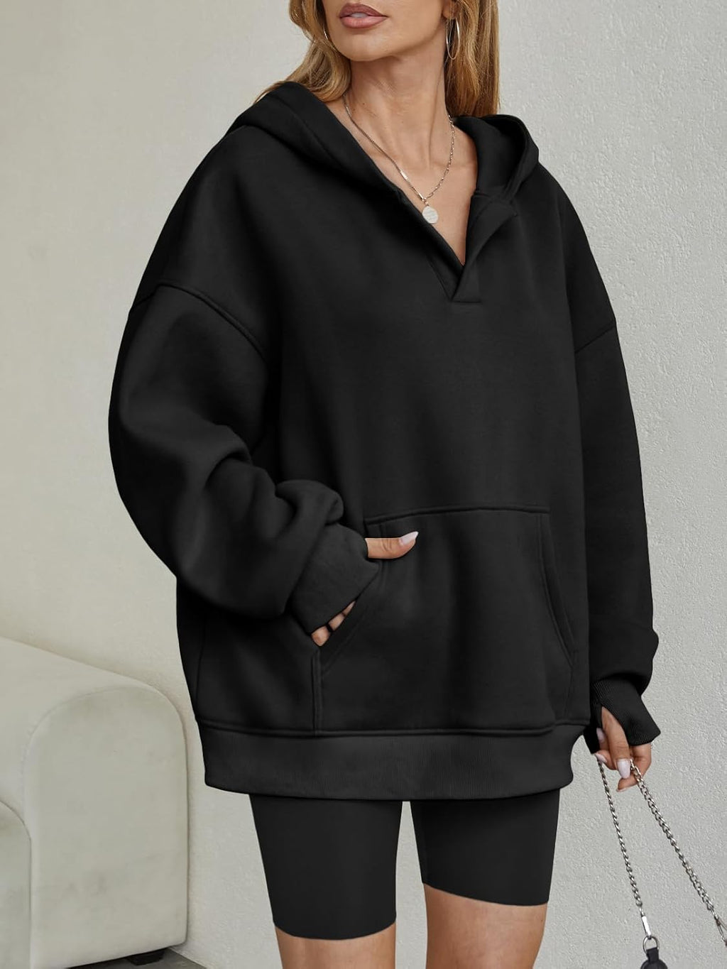 Womens Oversized V Neck Hoodies with Thumb Hole Pullover Sweatshirts Y2k Clothes Fall Fashion Outfits 2025