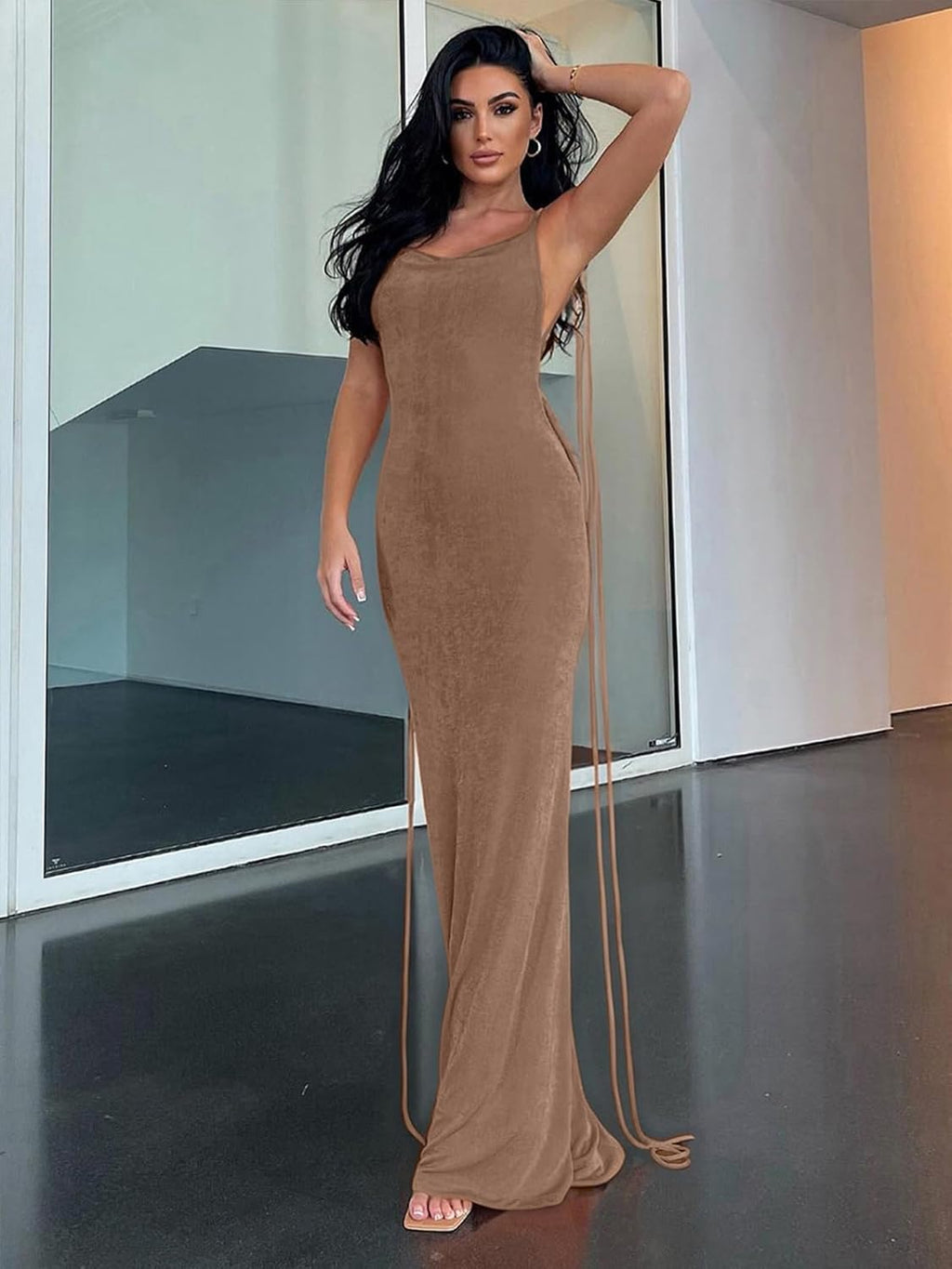 Slip Bodycon Dresses for Women Spaghetti Strap Lace Up Backless Cowl Neck Maxi Mermaid Cocktail Party Dress
