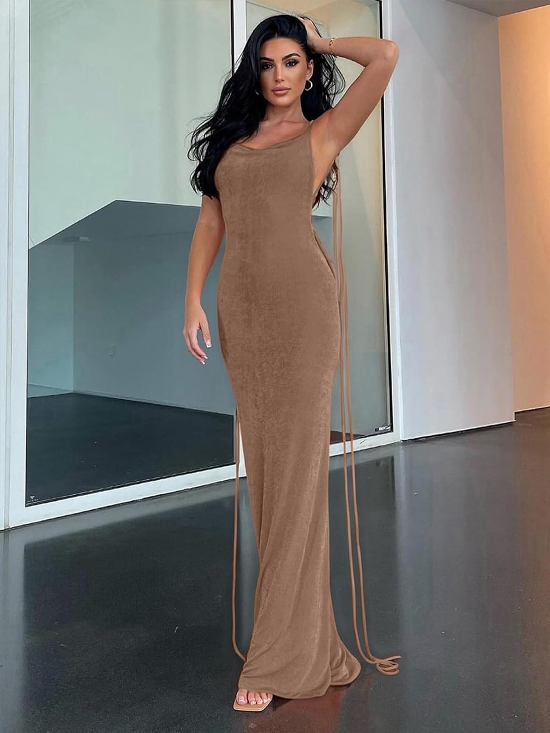 Slip Bodycon Dresses for Women Spaghetti Strap Lace Up Backless Cowl Neck Maxi Mermaid Cocktail Party Dress