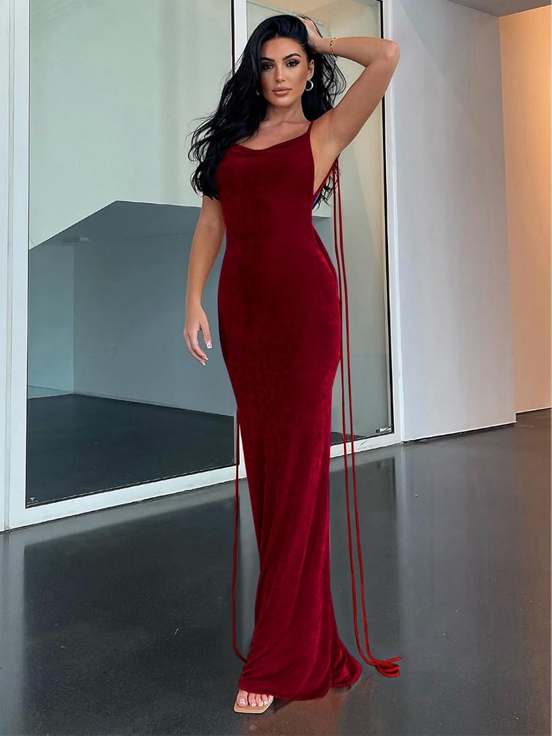 Slip Bodycon Dresses for Women Spaghetti Strap Lace Up Backless Cowl Neck Maxi Mermaid Cocktail Party Dress