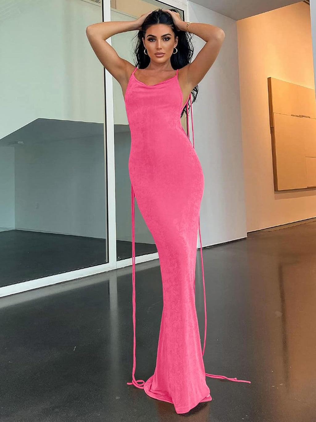 Slip Bodycon Dresses for Women Spaghetti Strap Lace Up Backless Cowl Neck Maxi Mermaid Cocktail Party Dress