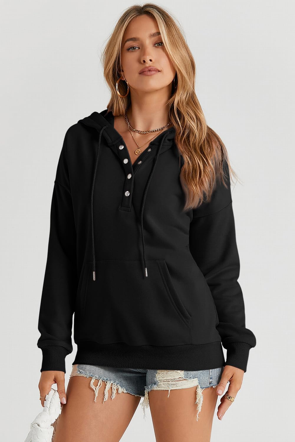 Womens 2025 Hoodies Button Collar Drawstring Hooded Pullover Sweatshirt Casual Long Sleeve Tops Shirts