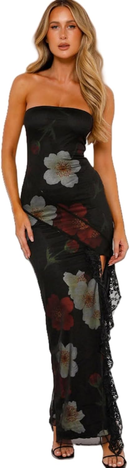 Women's Sexy Strapless Backless High Split Long Maxi Dress Ruched Off Shoulder Sleeveless Bodycon Party Cocktail Dresses