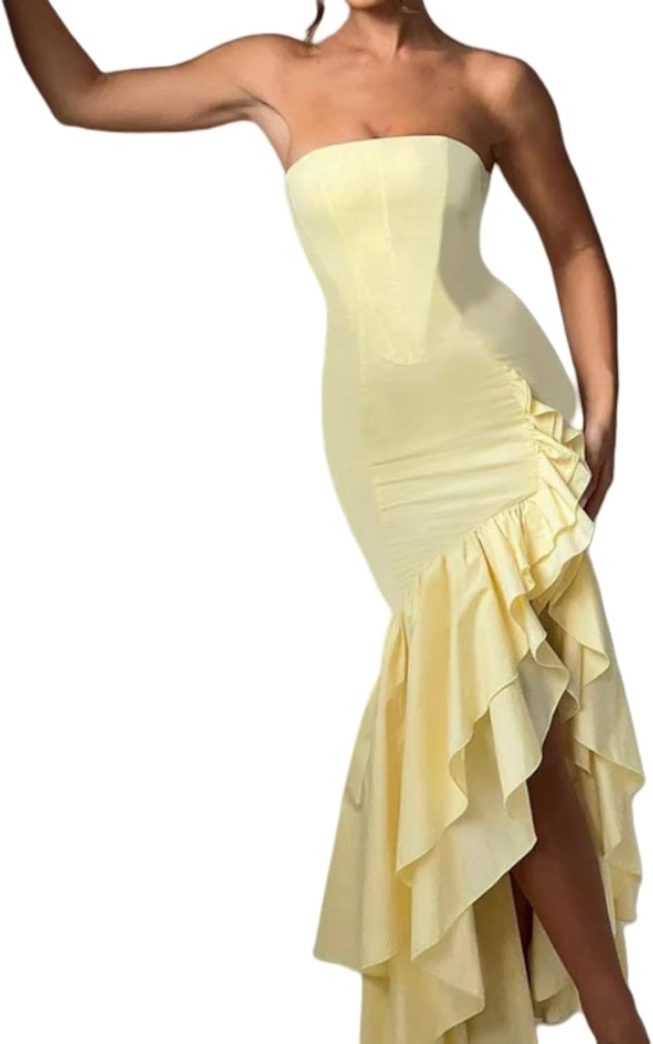 Women's Sexy Strapless Backless High Split Long Maxi Dress Ruched Off Shoulder Sleeveless Bodycon Party Cocktail Dresses