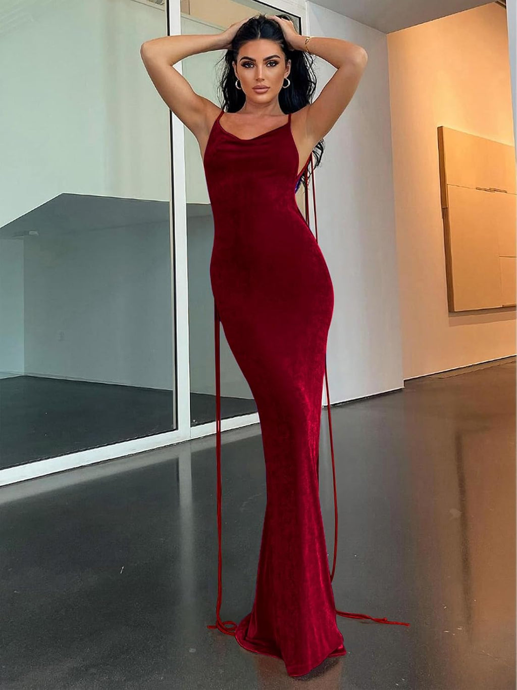 Slip Bodycon Dresses for Women Spaghetti Strap Lace Up Backless Cowl Neck Maxi Mermaid Cocktail Party Dress