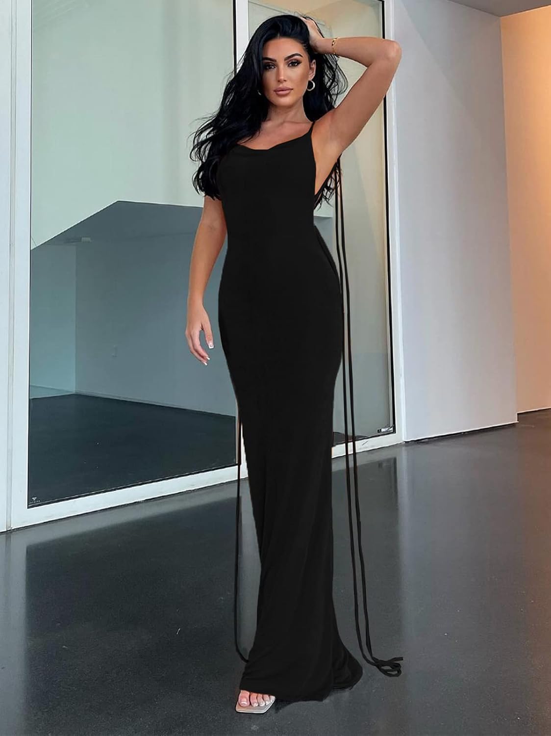 Slip Bodycon Dresses for Women Spaghetti Strap Lace Up Backless Cowl Neck Maxi Mermaid Cocktail Party Dress