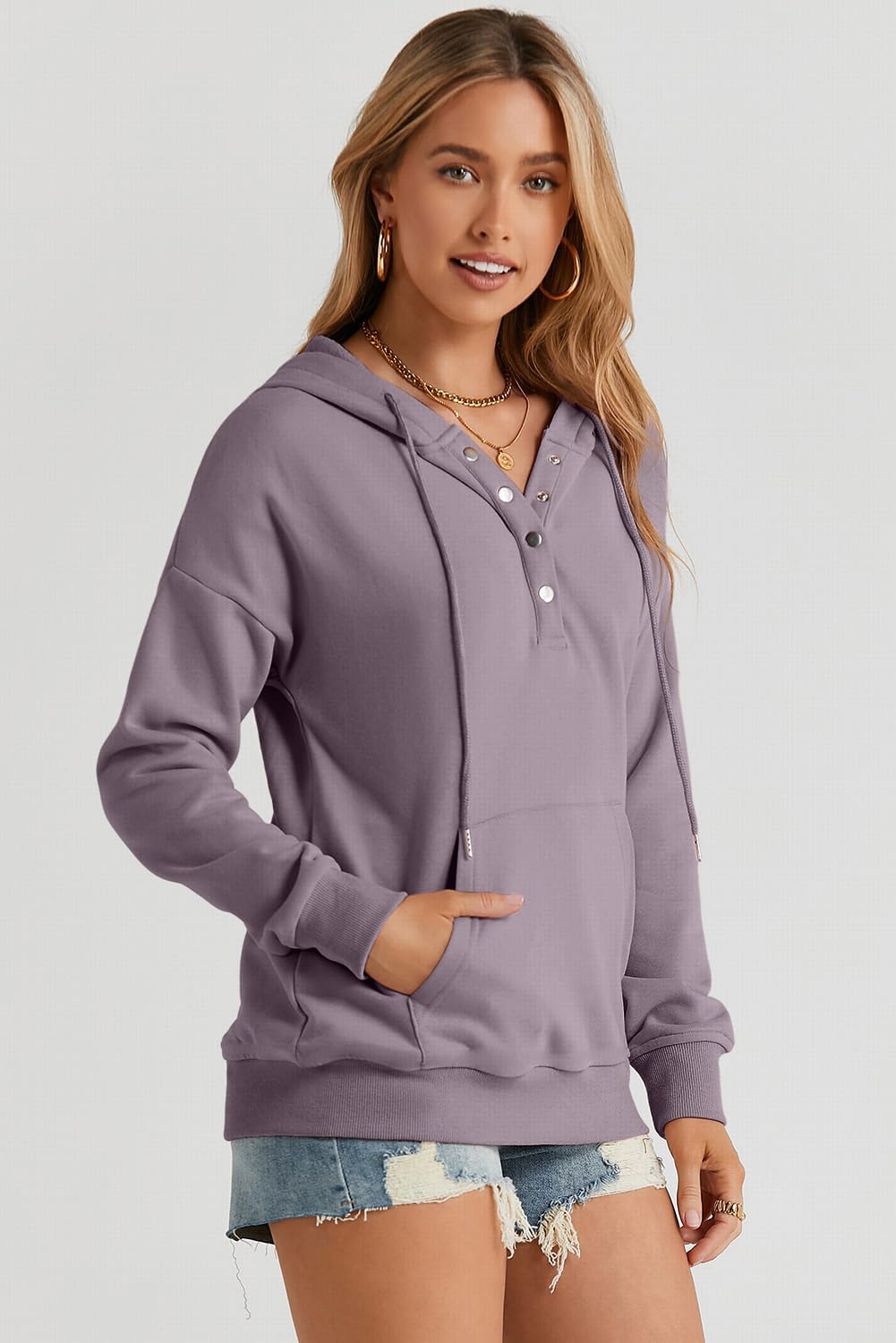 Womens 2025 Hoodies Button Collar Drawstring Hooded Pullover Sweatshirt Casual Long Sleeve Tops Shirts