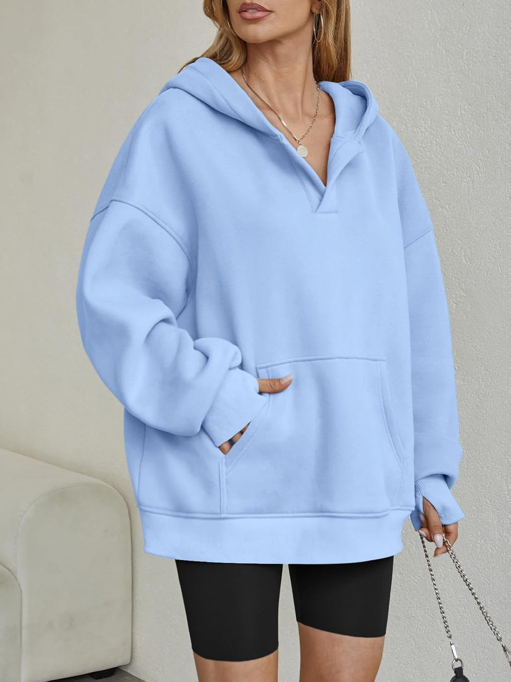 Womens Oversized V Neck Hoodies with Thumb Hole Pullover Sweatshirts Y2k Clothes Fall Fashion Outfits 2025