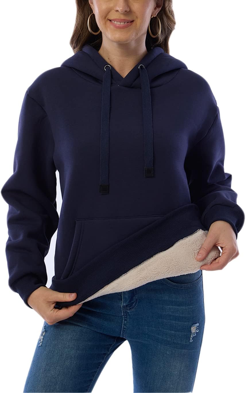 Womens Casual Winter Warm Fleece Sherpa Lined Pullover Hooded Sweatshirt