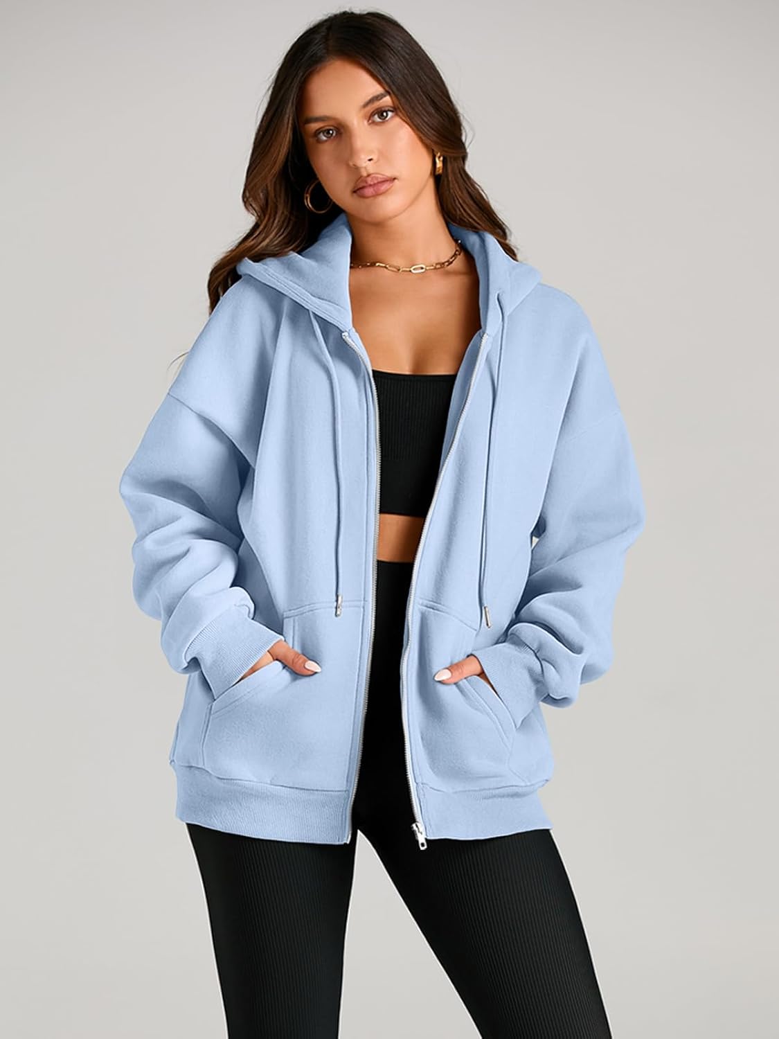 Women's Drawstring Zip Up Cute Hoodies Fall Jacket Oversized Casual Sweatshirts with Pocket
