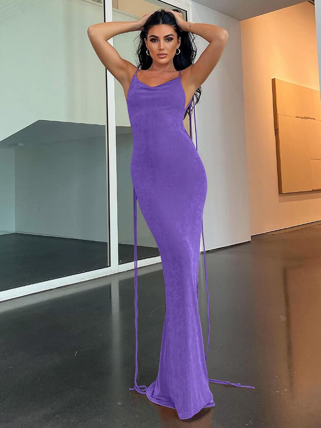 Slip Bodycon Dresses for Women Spaghetti Strap Lace Up Backless Cowl Neck Maxi Mermaid Cocktail Party Dress