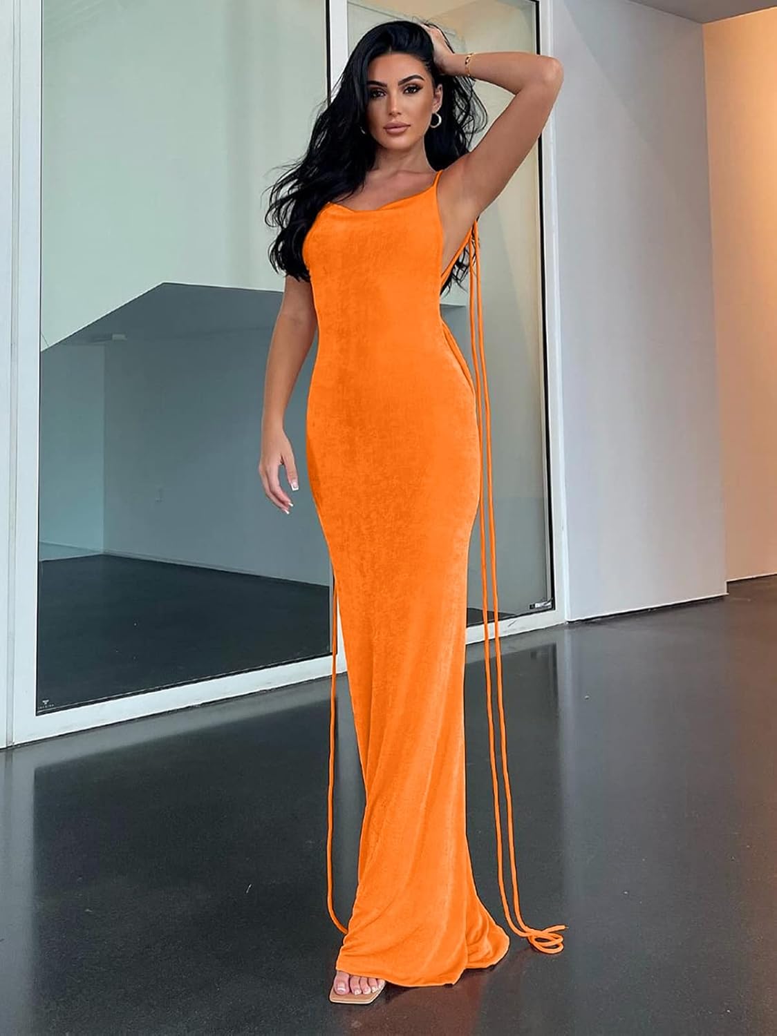 Slip Bodycon Dresses for Women Spaghetti Strap Lace Up Backless Cowl Neck Maxi Mermaid Cocktail Party Dress