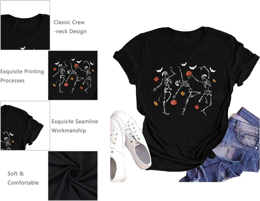Dancing Skeleton Shirt for Women Happy Halloween T-Shirt Funny Skeleton Graphic Tees Tops Blouse Gift