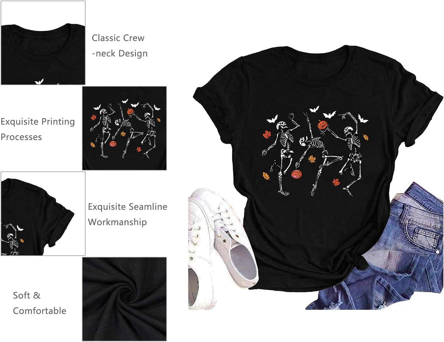 Dancing Skeleton Shirt for Women Happy Halloween T-Shirt Funny Skeleton Graphic Tees Tops Blouse Gift