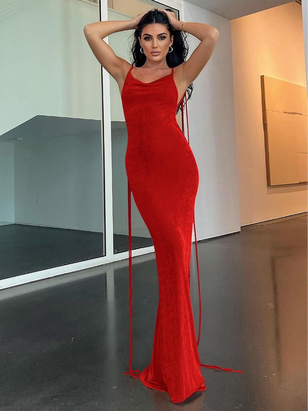 Slip Bodycon Dresses for Women Spaghetti Strap Lace Up Backless Cowl Neck Maxi Mermaid Cocktail Party Dress